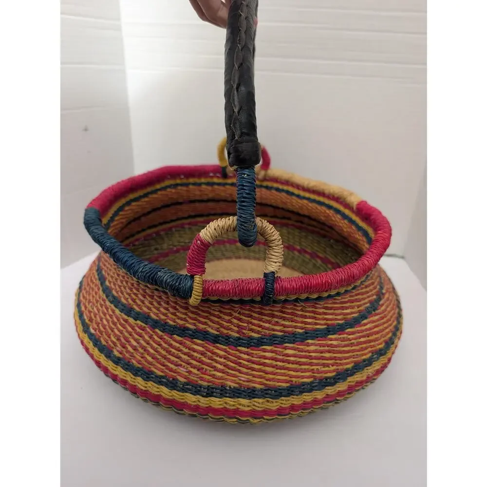 Vintage African Bolga Market Basket, Colorful Woven Ghana Shopping Tote